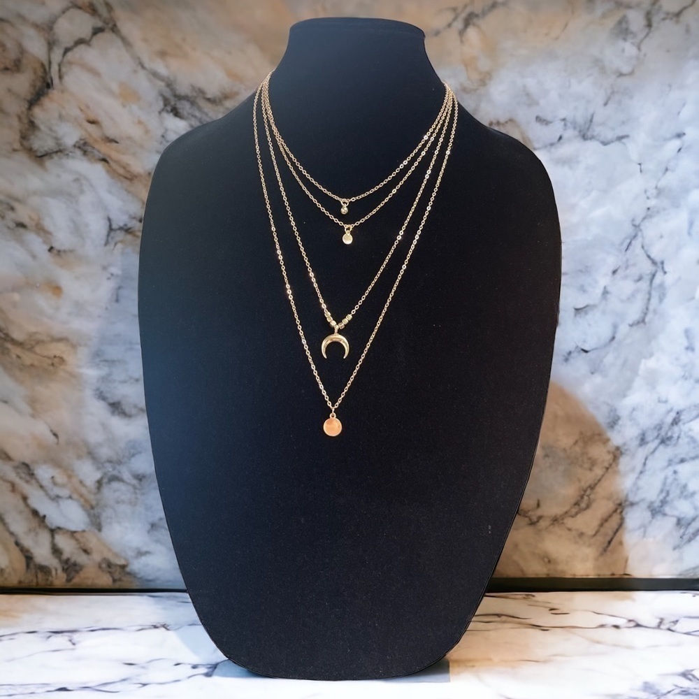 Moon/Disc Pendant, Multi-layer Necklace; Gold - Picture 7 of 10